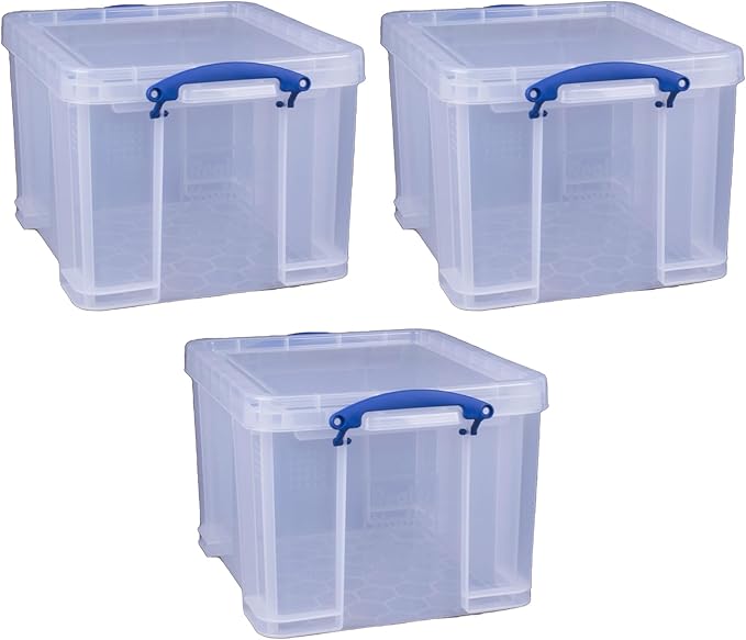 Really Useful Box 3-Pack Clear Plastic Storage Bins with Lids & Clip Handles, 32 Liters - Stackable, Portable and Transparent Organizer Containers for Home, Garage and Office