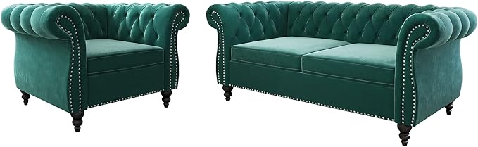 2 Piece Living Room Set, Velvet Chesterfield Sofa Loveseat Couch Chair