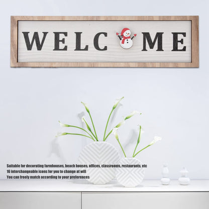 Holiday Interchangeable Welcome Sign for Front Door Christmas Wood Porch Sign with 16 Pcs Seasonal Icons Home Farmhouse Xmas Welcome Outdoor Festival Seasonal Decoration