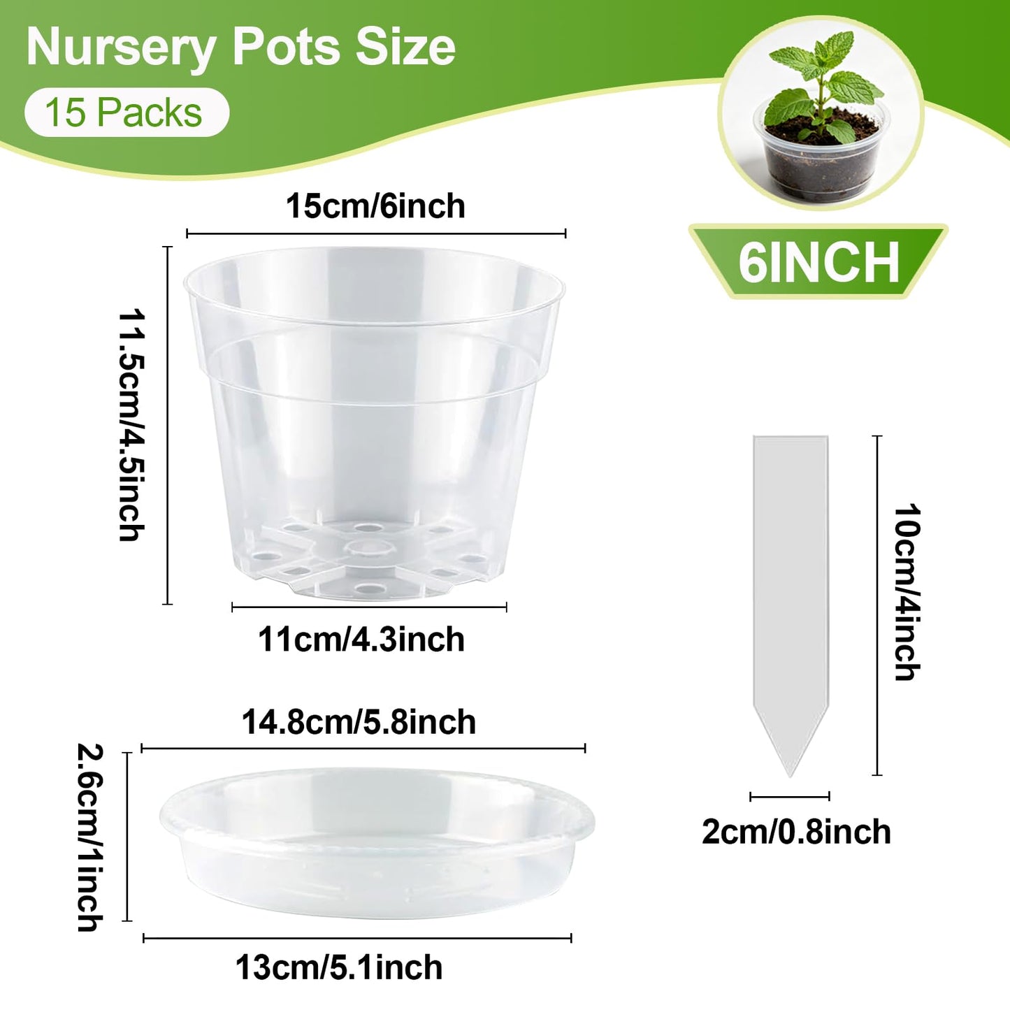 Amasiver 6 Inch Clear Nursery Pots for Plants,Transparent Plant Pots with Drainage Holes & Saucers,Seed Starter Pots with 15 Plant Labels,Clear Plastic Flower Pots for Indoor Outdoor