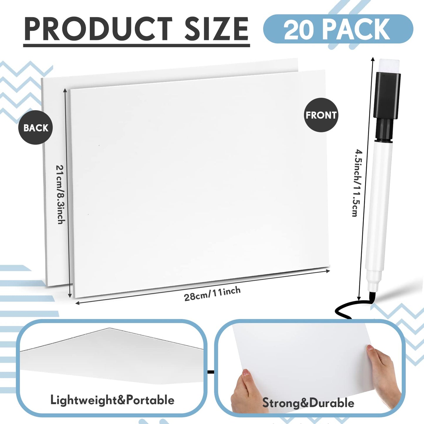 Ctosree 20 Sets Dry Erase Board for Kids 11 x 8 Inch Double Sided Small White Board and Dry Erase Markers with Eraser Cap Mini Student Whiteboard for Classroom Teacher