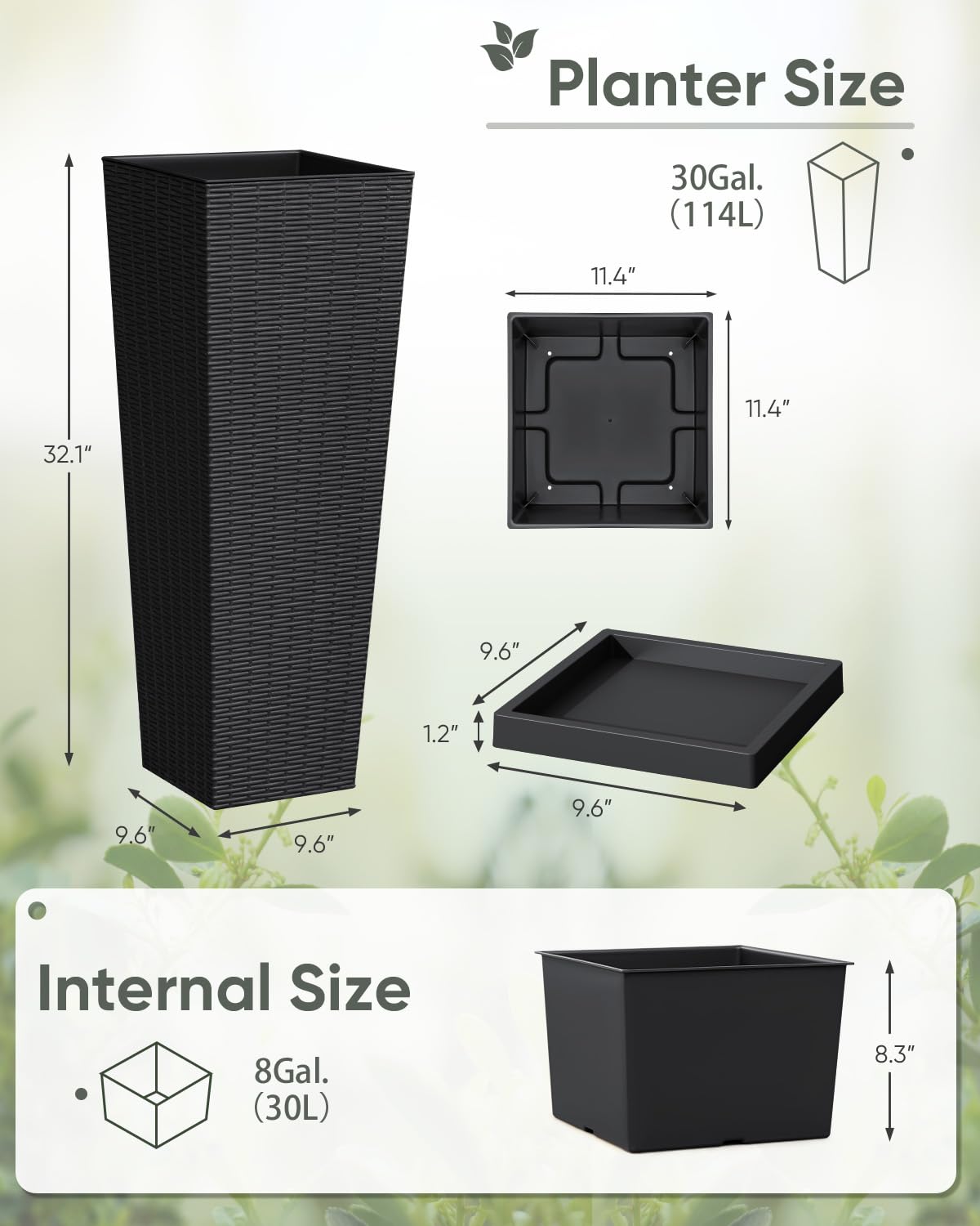 Greesum Set of 2 Tall Plastic Planters with Saucer, 32 Inch Large Pots with Drainage Trays, Weather-Resistant Plastic Plant Containers for Patio, Porch, Garden,Black