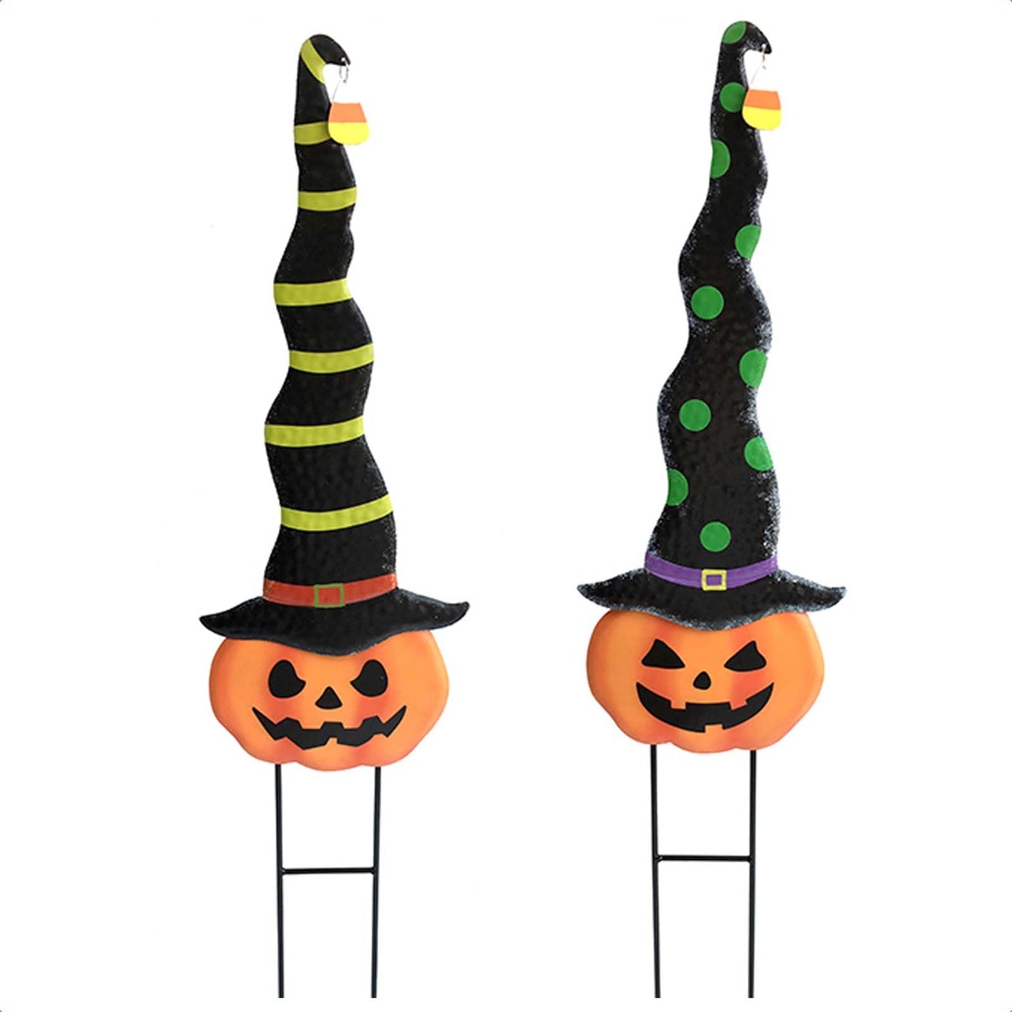 2 Pack Halloween/Thanksgiving Garden Decorations, Metal Jack-O-Lantern Yard Stakes with Witch Hats, Scary Yard Sign Outdoor Lawn Decor, Metal Pumpkin Art Garden Stake,Garden Sculpture Ornament