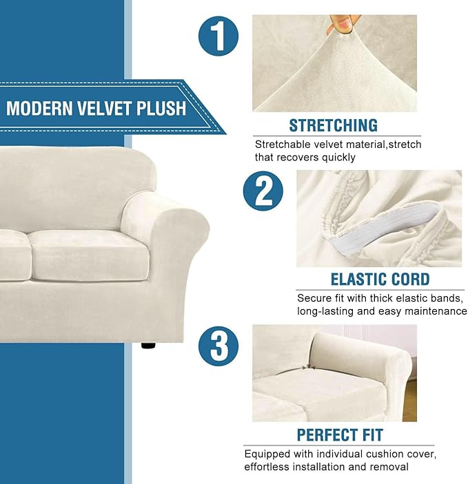 H.VERSAILTEX Real Velvet Plush 3 Piece Stretch Sofa Covers Couch Covers