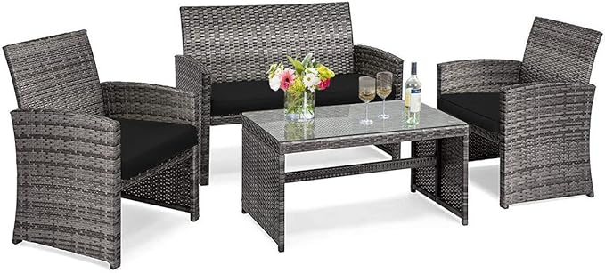 Tangkula 4 PCS Wicker Patio Conversation Set, Outdoor Rattan Sofas