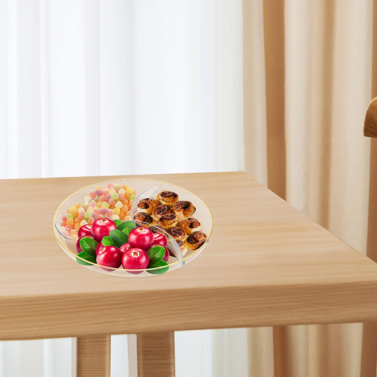 Amosfun 10 Inch Snack Plate PET Material Divided Round Fruit Serving Tray with 3 Compartments Halloween Christmas New Year Party Supply