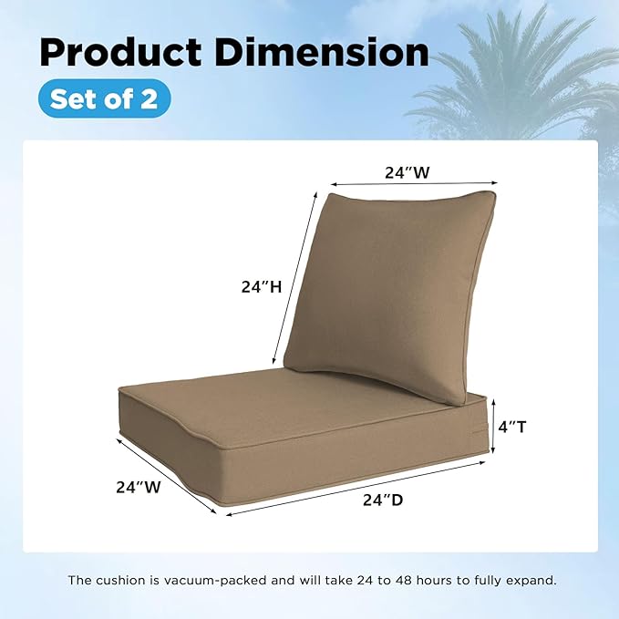 Sunbrella Outdoor Deep Seat & Back Cushion Set, 24 x 24 Inch Water Repellent