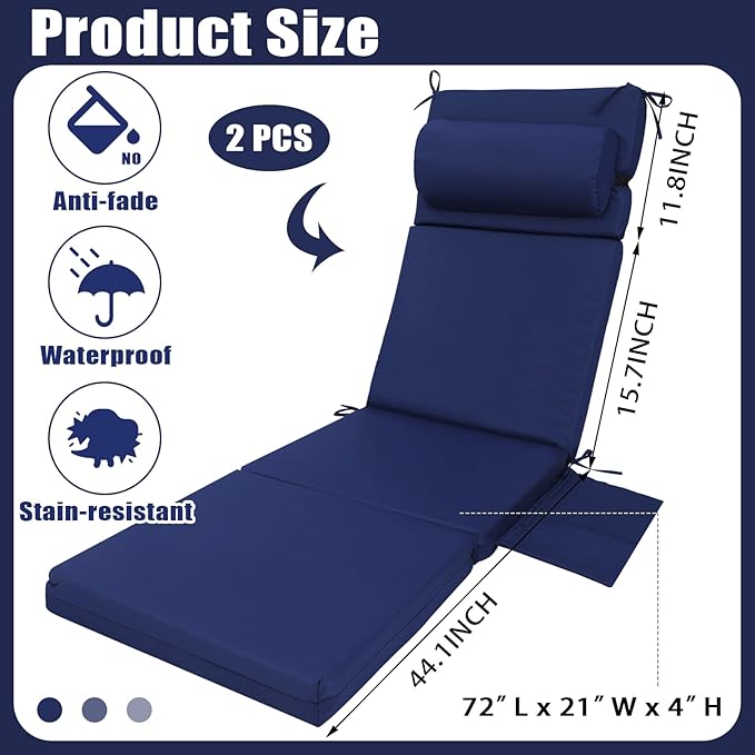 Wenqik 2 Pcs Outdoor Chaise Lounge Cushion