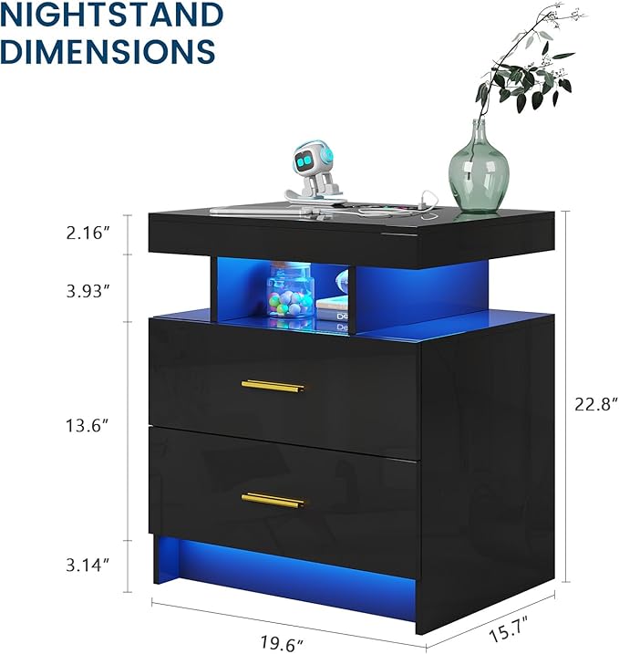 HNEBC Auto LED Nightstand with Wireless Charging Station & USB Ports, High