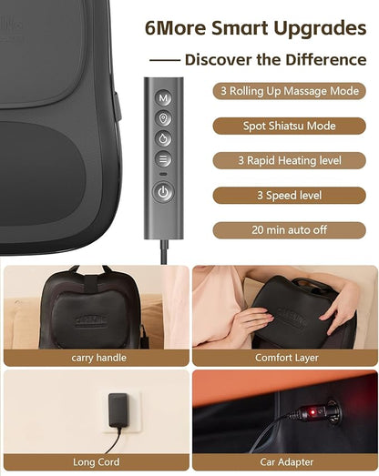 Up & Down Shiatsu Back Massage Pillow – Neck & Shoulder Pain Relief, Electric Lower Back Massager Deep Tissue with 3 Heat Levels for Office, Chair & Home Use for Men Women