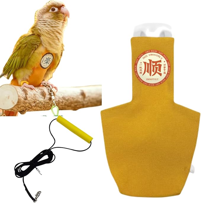 MANON ROSA Bird Diapers Leash Set Washable Reusable Handmade Flight Suit Waterproof Inner Layer - Protective Parrot Nappy Clothes Parakeets Macaws Budgies Canaries (Yellow1,Rainbow Lorikeet)