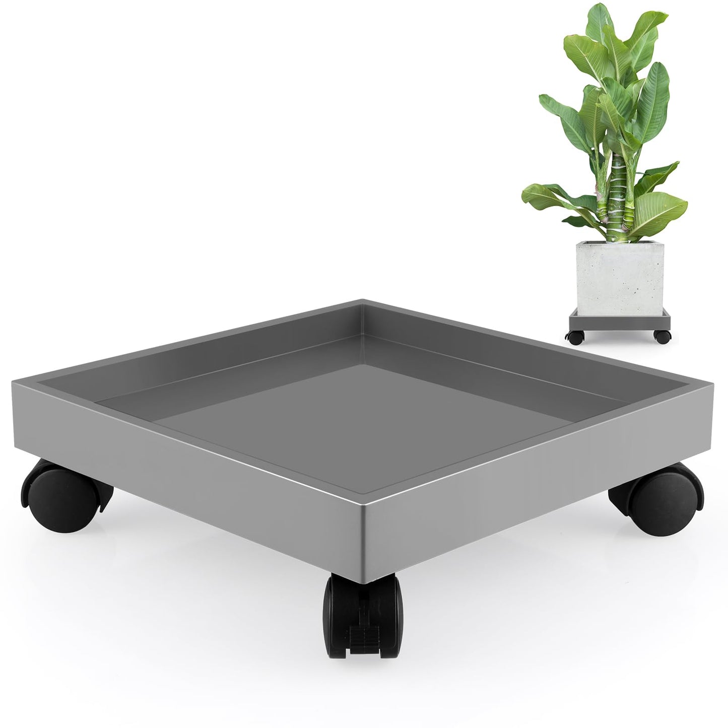 Sanbege Plant Caddy with Wheels, 11" Square Plant Pallet, Plant Pot Trolley (Grey)