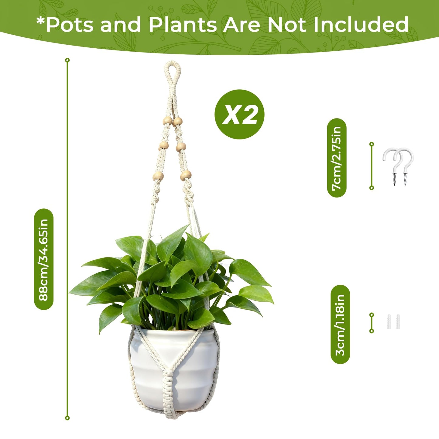 EJGIEGSO Macrame Plant Hanger, Up to 4-15 inch Pots, Wood Beads Cotton Hanging Planter Holder for Indoor Outdoor Boho Home Decor, 35 Inch, Set of 2 (Ivory)