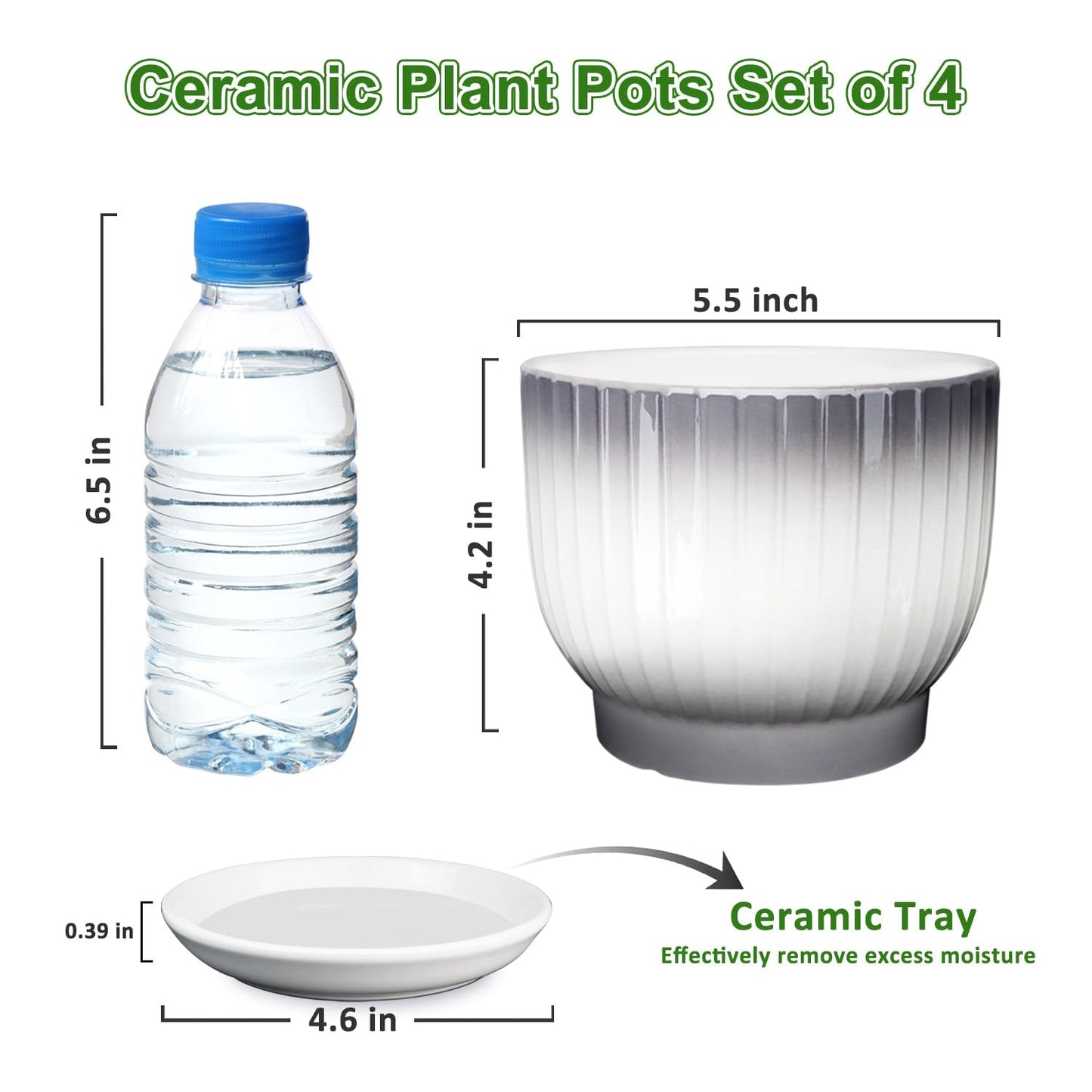 YUFDA Ceramic Plant Pots,5.5 Inch,Set of 4,Planters with Drainage Hole and Saucer,Flower pots for Indoor Plants,Modern Design(Gray+White)