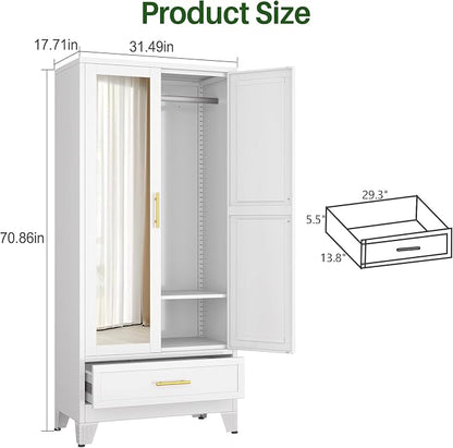 winiowa Metal Armoire Wardrobe Closet with Drawer, 71" Wardrobe Cabinet with Adjustable Shelves and Hanging Rod, Clothing Storage Cabinet Closet with Mirror for Bedroom-White
