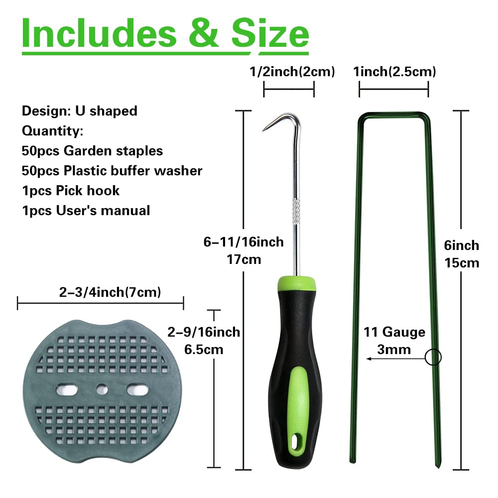 Bakulyor 50pcs Green Artificial Turf Stakes Staples + 50pcs Buffer Washer, 6 Inch 11 Gauge Landscape Staples, Galvanized Lawn Spikes, Heavy Duty Yard Ground Pin for Grass Weed Barrier Sod Fabric