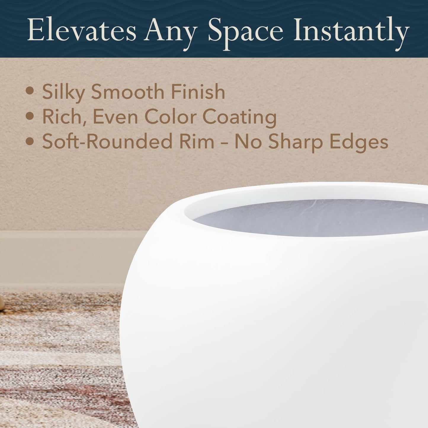 KUTE NEST 12.8"H x 16"D Premium Globo Fiberstone Round Planter with Drainage Hole, Smooth Finishes, Weather Resistant for Indoor and Outdoor Use, Included 2 Extra Coco Mats (White, 10.7" Pot Opening)