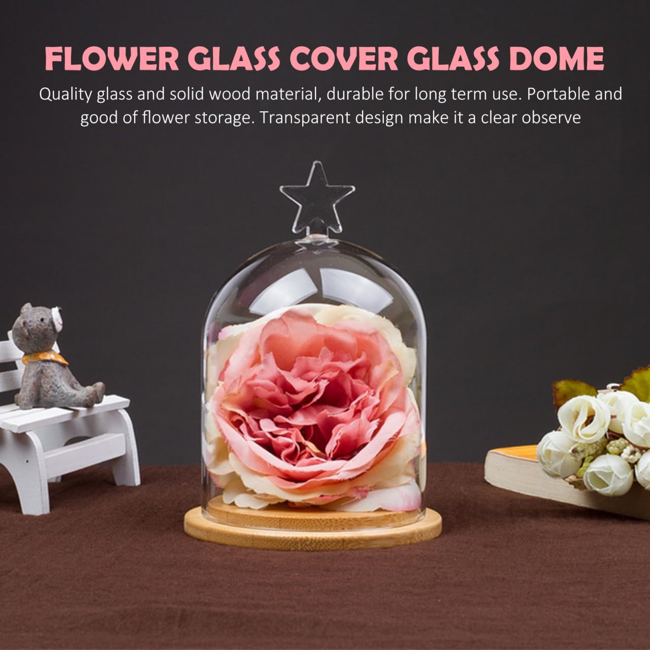 ULTECHNOVO Glass Display Dome Cloche with Solid Wood Base, Clear Glass Dome Cloche Bell Terrarium Jar for Plants, Collectibles And Figurines