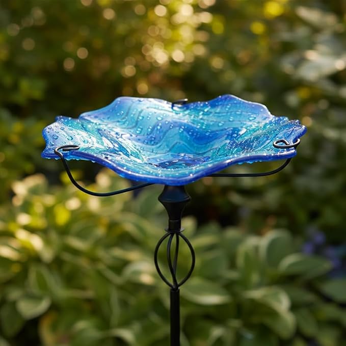 HONGLAND Bird Baths for Outside,11" Small Blue Glass Birdbaths Outdoor,Detachable Bird Feeder with Metal Stake for Garden Yard Patio Decor,32" Height