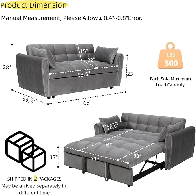 65 Inch Convertible Sleeper Sofa, 3-in-1 Sleeper Loveseat