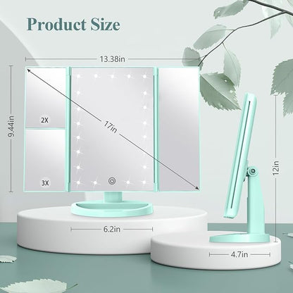 HUONUL Makeup Mirror, Vanity Mirror with Lights, 2X/3X/10X Magnification, Touch Control, Trifold Mirror, Dual Power Supply, Valentines Day Gifts for Her,Gifts for Women, Wife, Mom, Teengirls