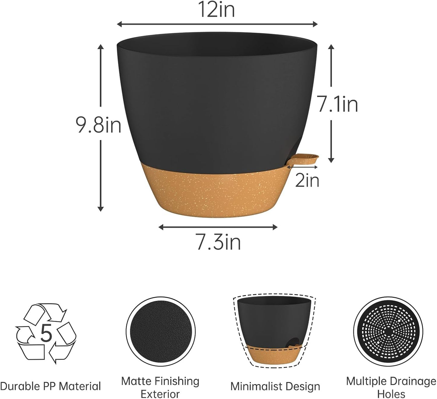 ZMTECH 10 Inch Plant Pots Set of 2 Planters for Indoor Plants Self Watering Pots Flower Pots with Drainage Holes and Saucer for Outdoor Plants(Black with Brown)