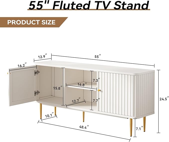 ARTPOWER 55” Fluted TV Stand, Mid Century Modern White TV Stand