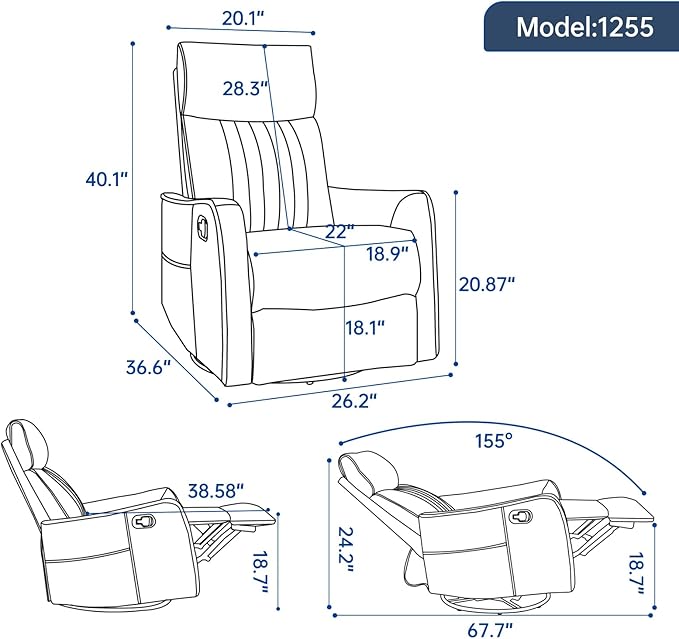Trustyue Swivel Rocker Recliner Chair, 360° Swivel Recliner