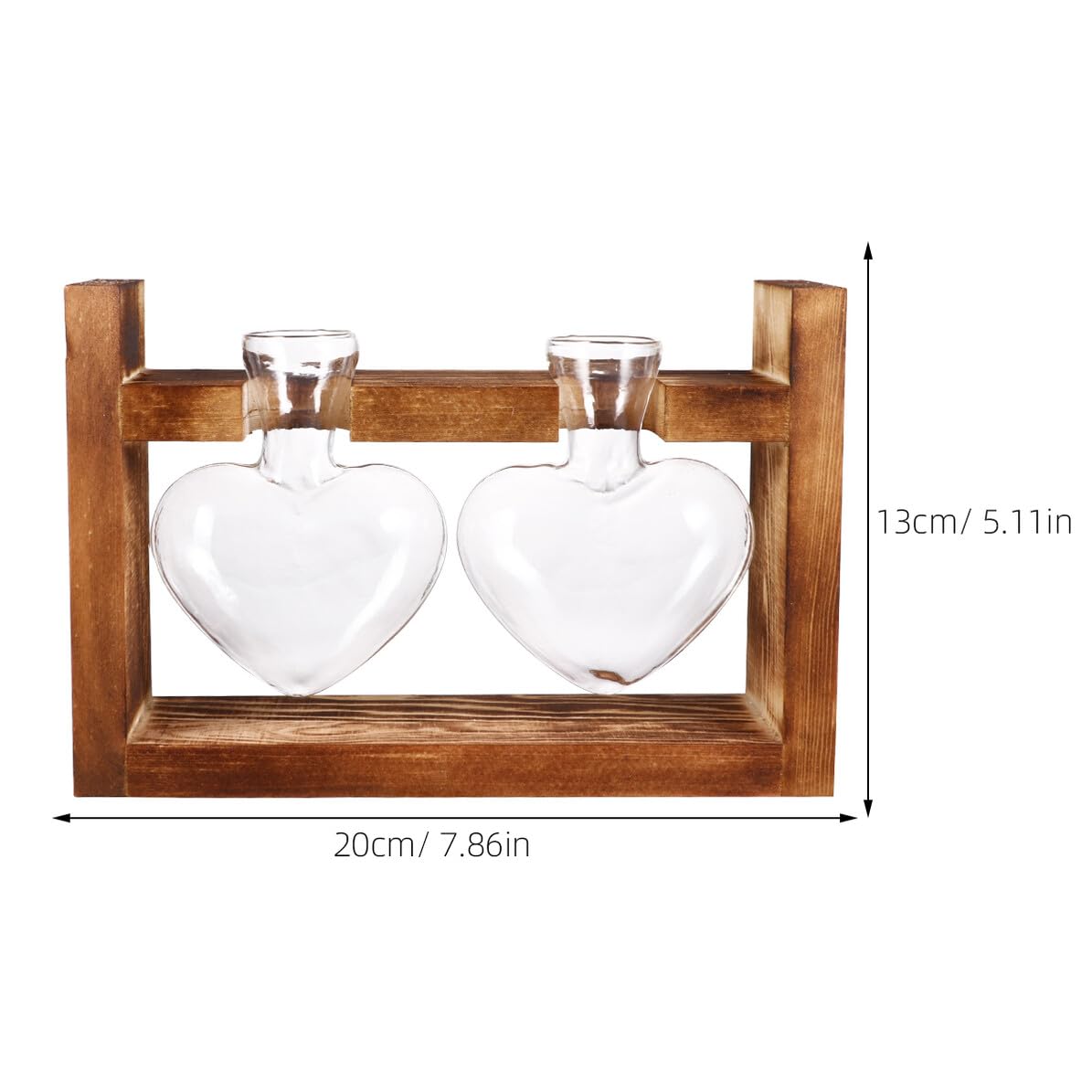 EPIGEIST 2Pcs Heart Shape Glass Vases Hydroponics Planter with Retro Wooden Rack Heat Resistant Transparent Glass Container for Flower Arrangement and Plant Propagation Decorative Terrarium