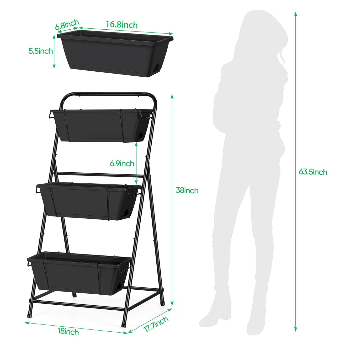 Raised Garden Bed 3 Tier Vertical Garden Planter Elevated Planter Boxes Outdoor Herb Planter with Drainage Holes Removable Tray for Patio Balcony Porch Black