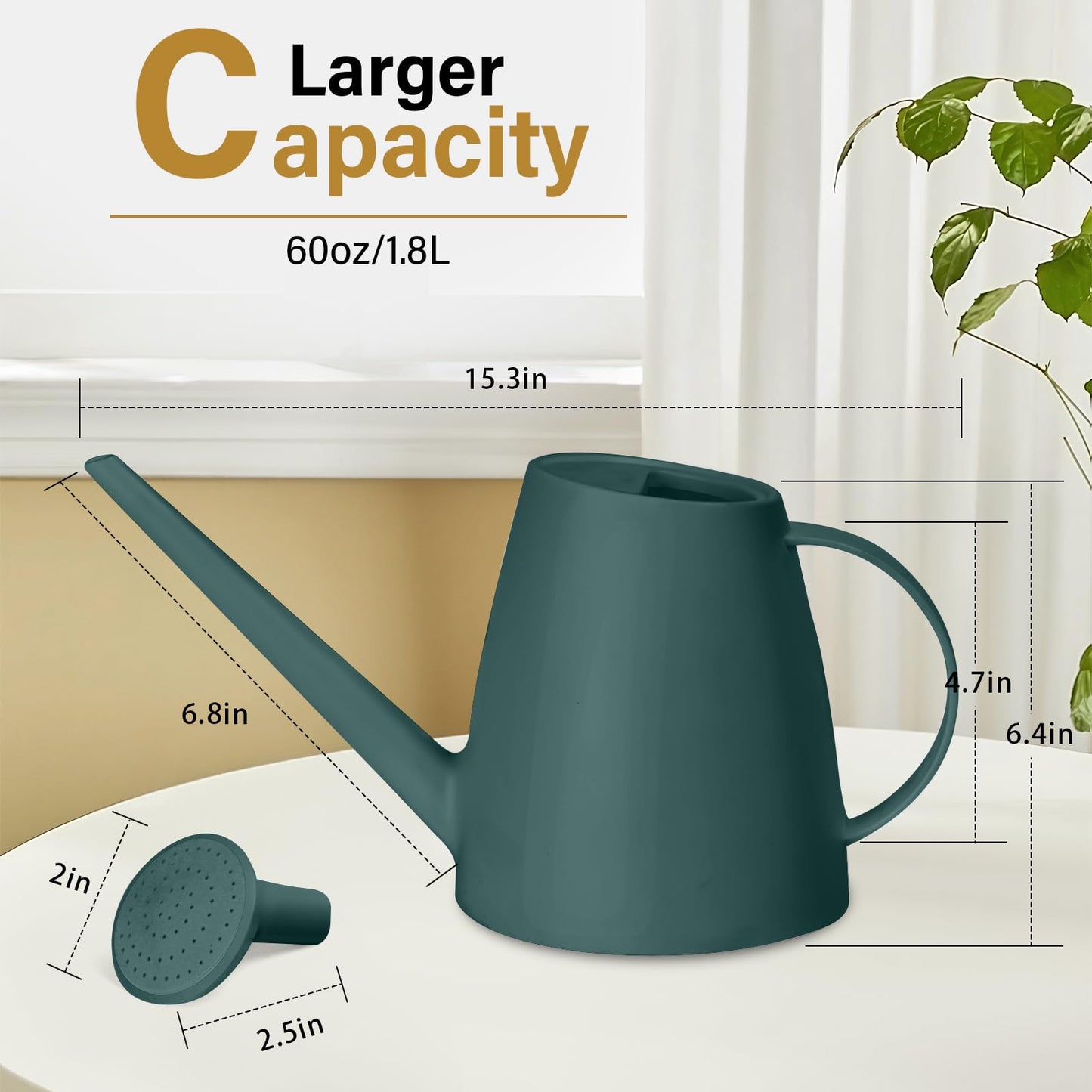 TTAOE GN Pro Grip Plastic Watering Can - for Indoor and Outdoor House Plant Garden - with Long Spout - 1/2 Gallon - Blackish Green