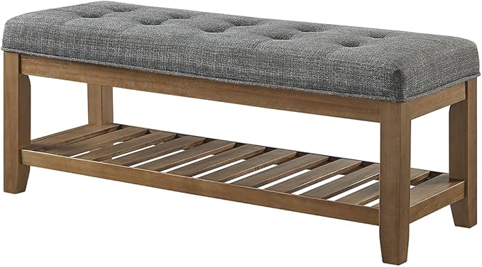 24KF Large Rectangular Upholstered Tufted Linen Fabric Ottoman Bench, Padded