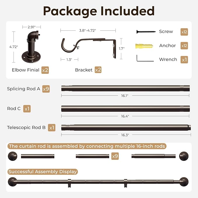 Zeerobee Curtain Rods for Windows 144 to 168, 1 Inch Industrial Wrap Around Antique Bronze Curtain Rod, Indoor/Outdoor Room Divider Adjustable Drapery Pole, 144"-168"