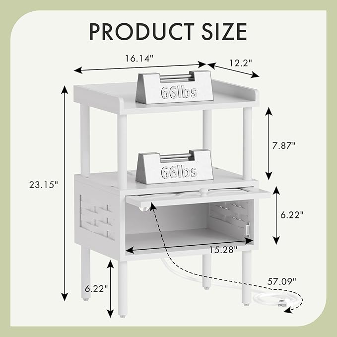 Amazer White Nightstand with Charging Station, Bamboo Night Stand