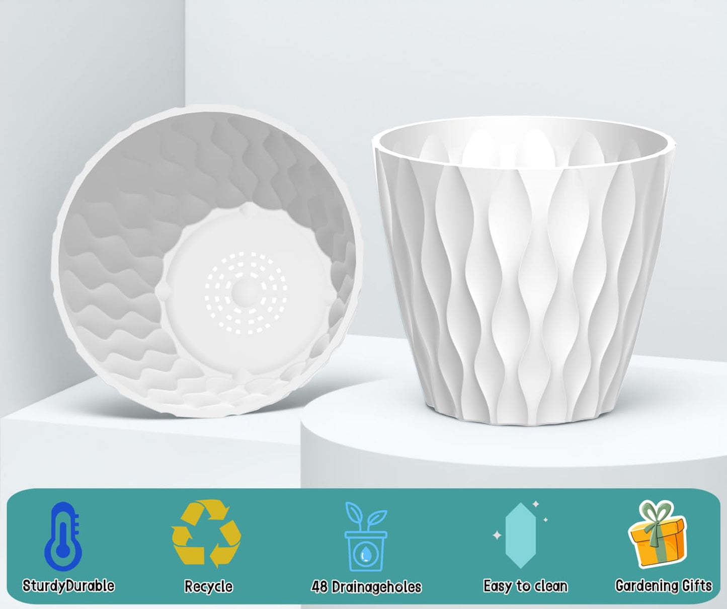 zople 6 Pack 7 Inch Plant Pots with Drainage and Saucers, White Plastic Flower Pots for Indoor and Outdoor Plants, Stackable Nursery Planters for Houseplants and Herbs, White