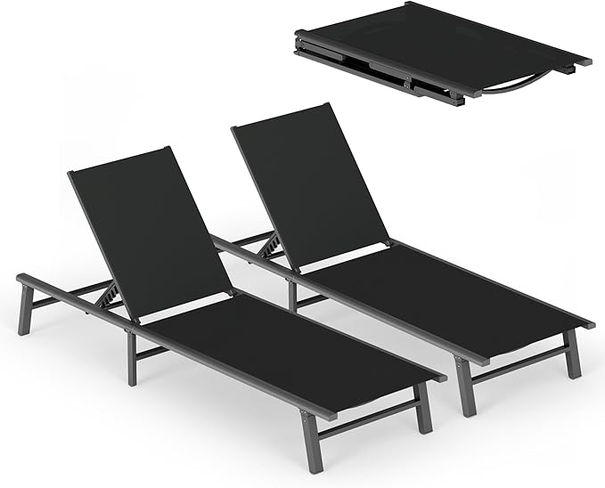 Ciokea Foldable Outdoor Lounge Chair Set of 2, No Assembly Aluminum Chaise