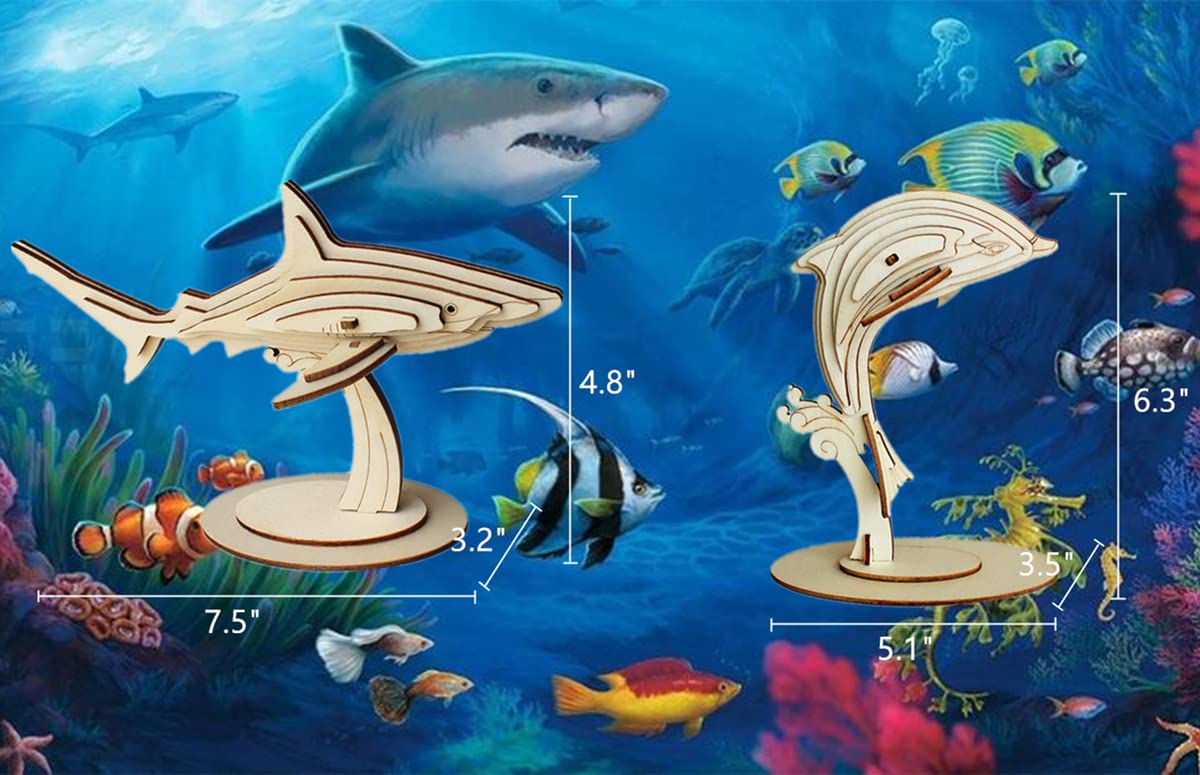 3D Wooden Sea Animal Puzzle - 6 Piece Set Wood Sea Animals Skeleton Assembly Model Kits - Wooden Crafts DIY Brain Teaser Puzzle - STEM Toys Gifts for Adults & Teens Birthday Gifts Christmas