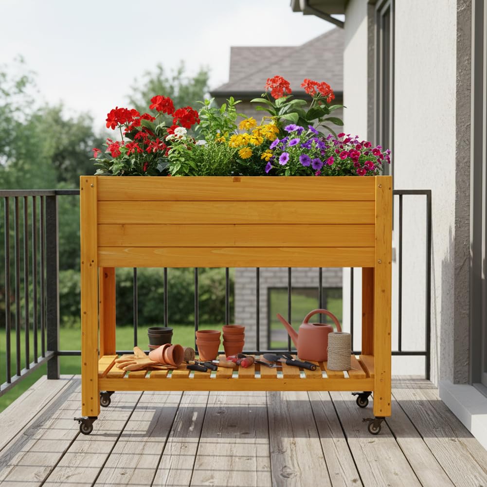 FORTUNO Raised Garden Bed with Wheels 48"x24"x33" Large Wood Planter Box with Legs Outdoor Mobile Wooden Elevated Raised Beds for Vegetable Flower, Standing Gardening Box with Liner for Patio, Deck