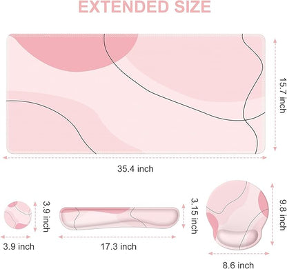 iCasso Large Gaming Mouse Pad Wrist Support Set, Desk Mat, 4in1 XXL Mousepad + Keyboard Wrist Rest+Mouse Wrist Rest+Coaster Set with Ergonomic Design for Home Office Table Computer-Pink Art
