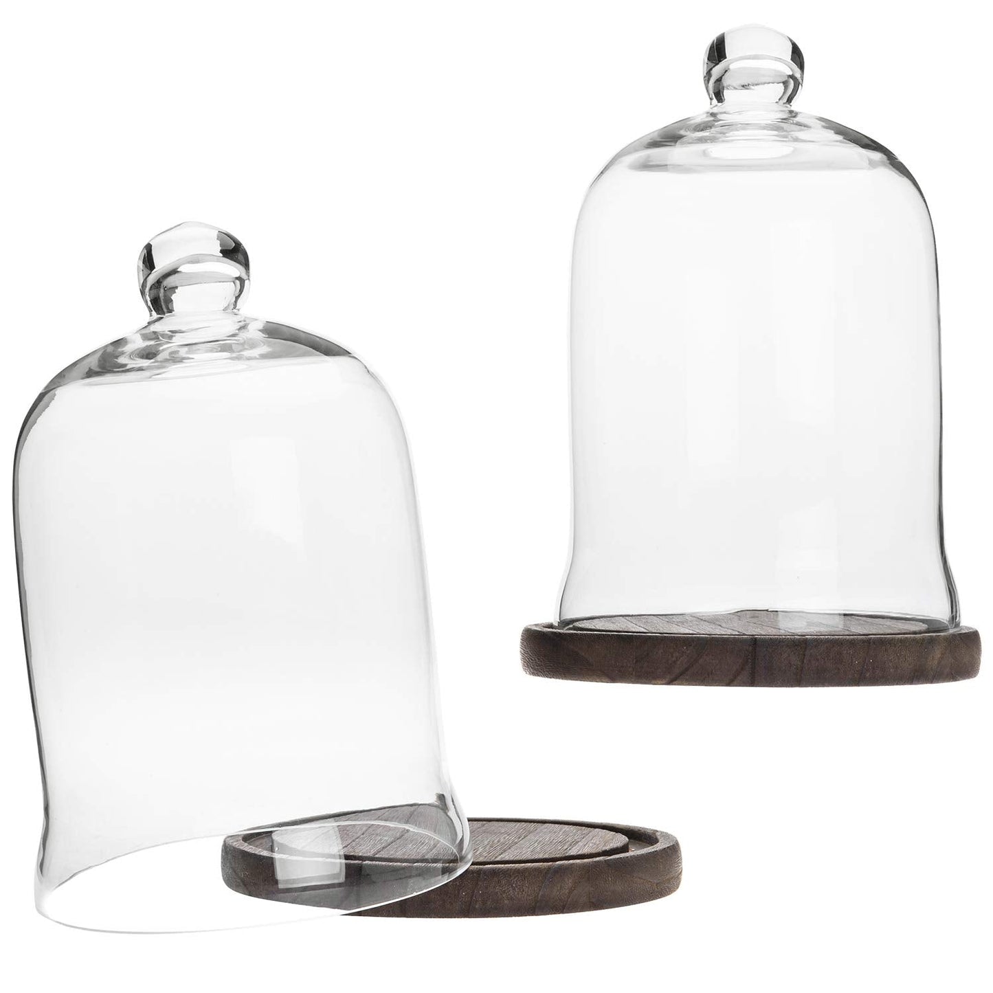 MyGift Clear Cloche Glass Dome, Display Bell Jar with Top Handle and Rustic Brown Solid Wood Base, Set of 2