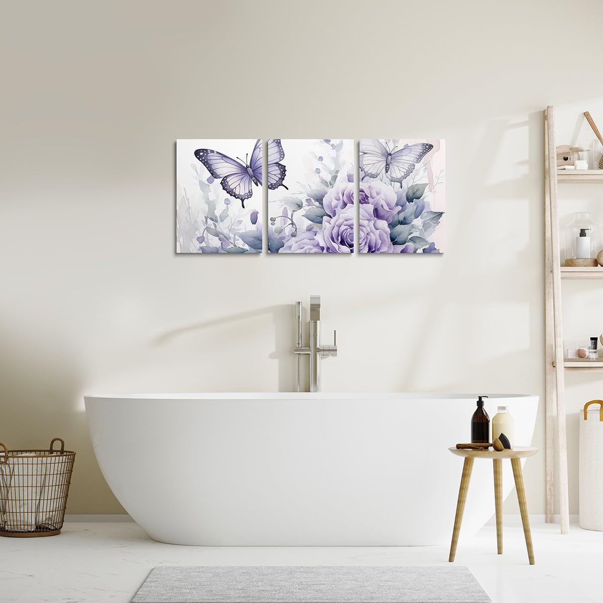 Feelyou Light Purple Rose 3 Piece Canvas Wall Art for Living Room Bedroom Butterfly Wall Art for Home Decor Floral Flower Office Wall Decor Romantic Theme Wall Painting