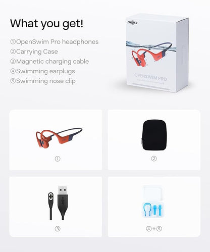 SHOKZ OpenSwim Pro - Open-Ear Bluetooth & MP3 Bone Conduction Sport Headphones, Swimming Headphones, IP68 Waterproof, Red