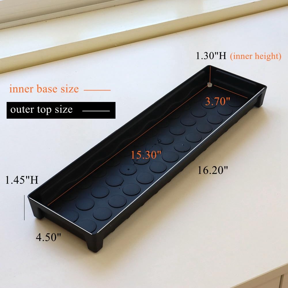 BangQiao 6 Pack 16.20 Inch Black Plastic Decorative Rectangular Planter Pot Saucer Drip Tray with Removable Drain Plug for Windowsill, Shelf, Tabletop, Kitchen, Balcony, Small Potted Plant