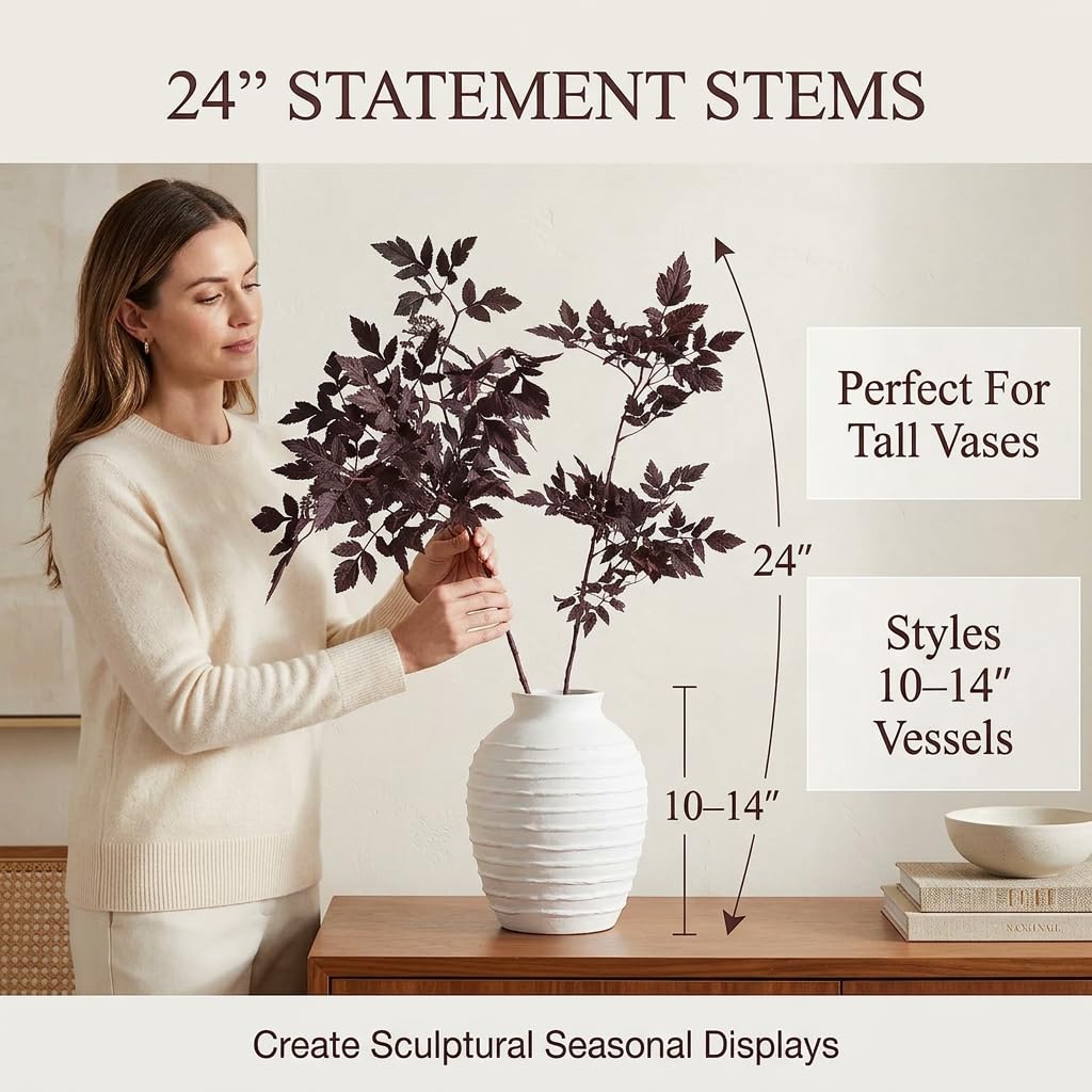 Power Your Lawn Fall Decorations for Home – Set of 3 Faux Plum Purple Cimicifuga Stems, 24” Realistic Autumn Branches for Vase, Table Centerpiece, Mantel & Halloween Decor
