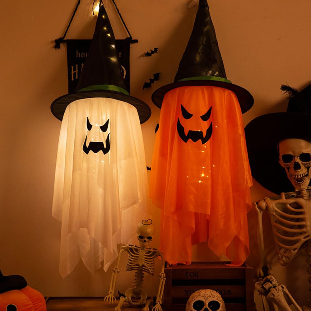 2PCS Hanging Lighted Glowing Ghost Witch Hat - 38 inch Length LED Decorations for Indoor/Outdoor Halloween Party Supplies