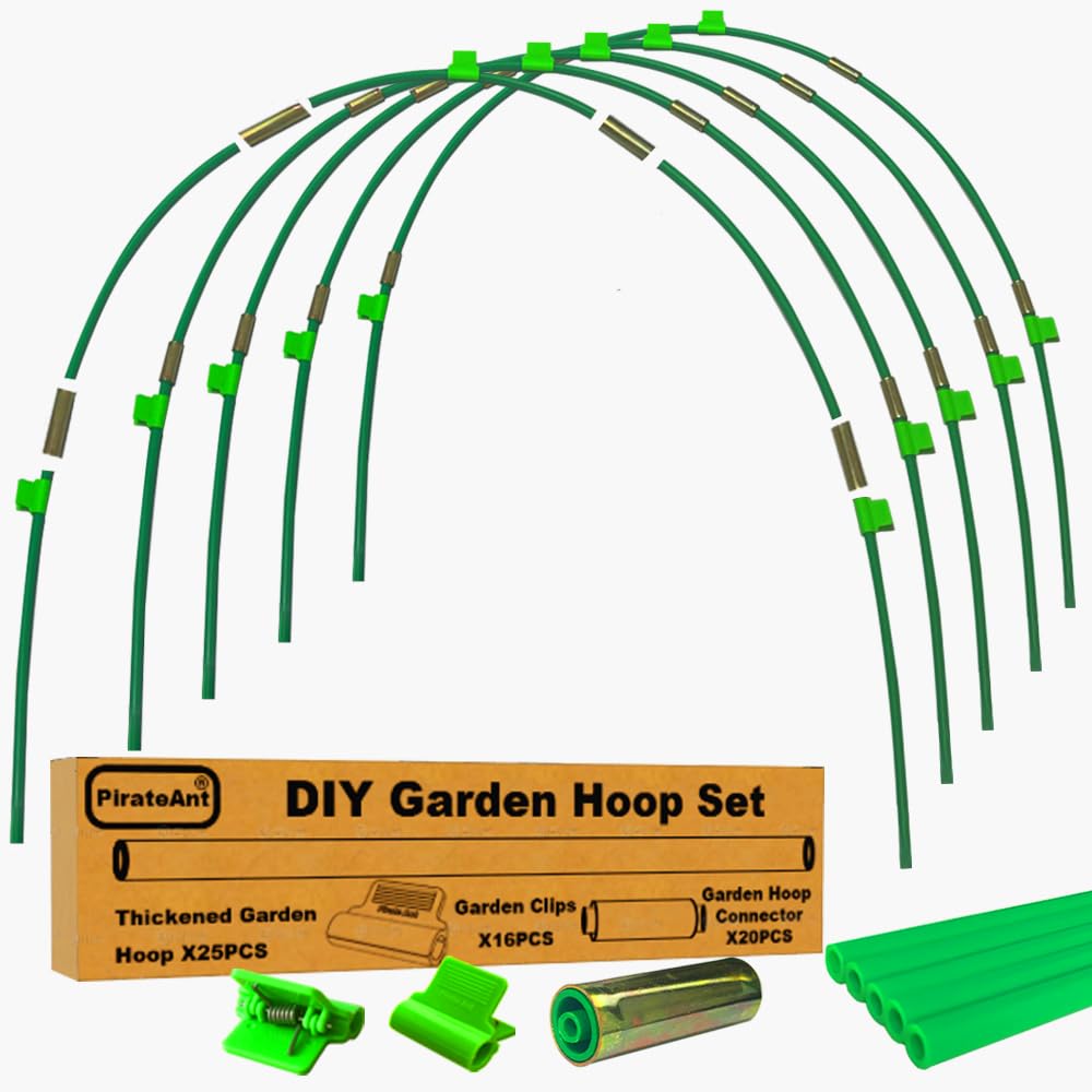 PirateAnt Greenhouse Hoops Set for DIY Grow Tunnel，Metal Connectors Thickened High Tenacity PP Dark Green Garden Hoops for Row Cover，Raised beds，DIY Plant Support Garden Stakes, 25pcs