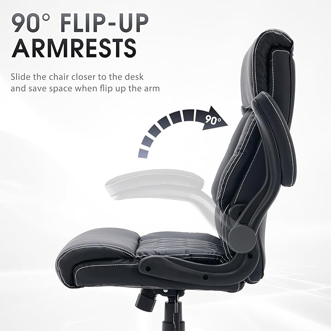 High Back Office Chair with Flip-up Armrests, Leather Comfy Desk Chair with