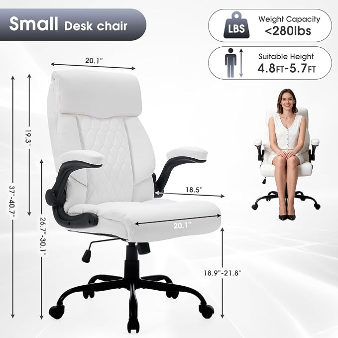High Back Office Chair with Flip-up Armrests, Leather Comfy Desk Chair with
