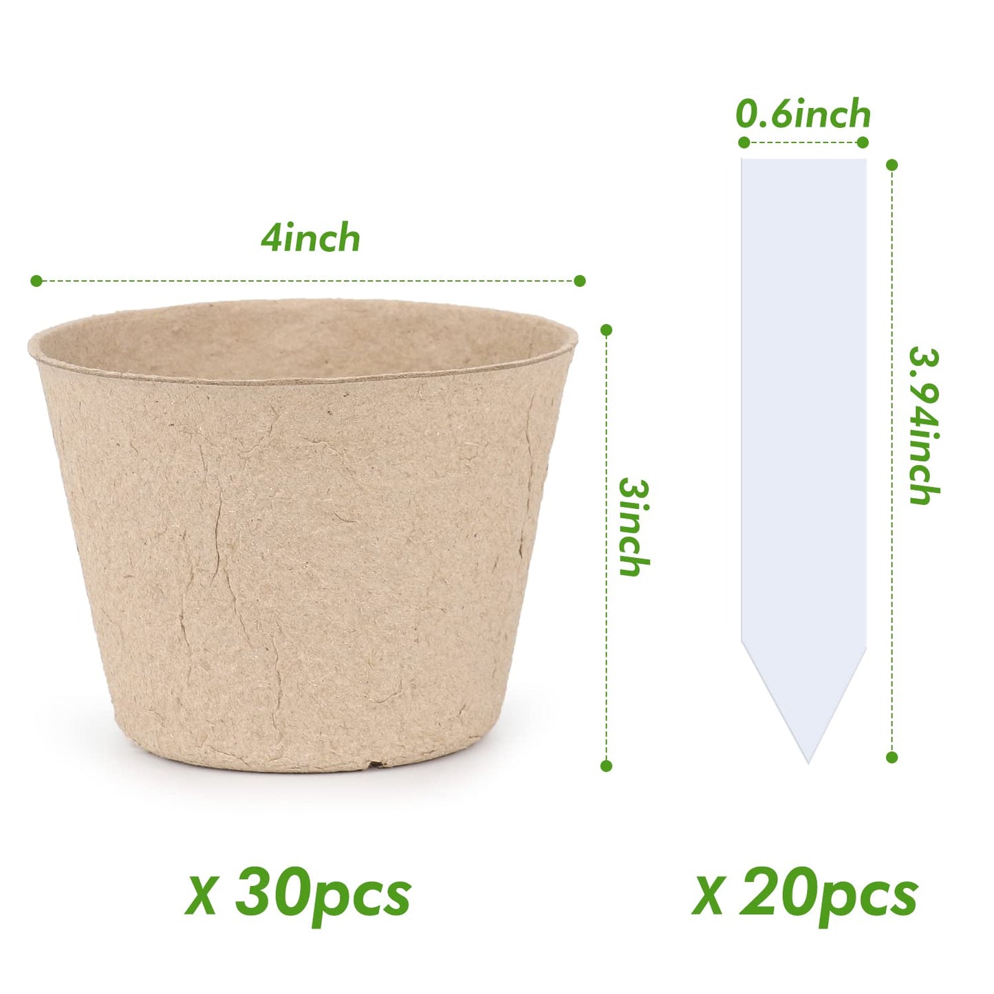 homenote Peat Pots, 4 Inch Seed Starting Pots with Drainage Holes Round(30 Pcs) with 4 Inch Plastic Plant Labels Waterproof Plant Tags(200 Pcs)