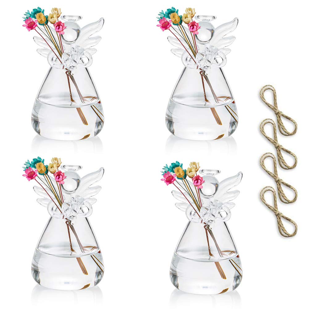 Sziqiqi Clear Glass Guardian Angel Vases Bulk for Hanging Vases for Buds Cuttings Greenery Hydroponic Plant Containers Room Ornaments Bautizo Decorations 3.5inch/4Pcs
